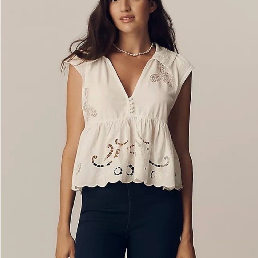 NWT Size XL - Anthropologie Cutwork Babydoll Blouse 100% Cotton (NWT US$ 88) - Picture 1 of 16